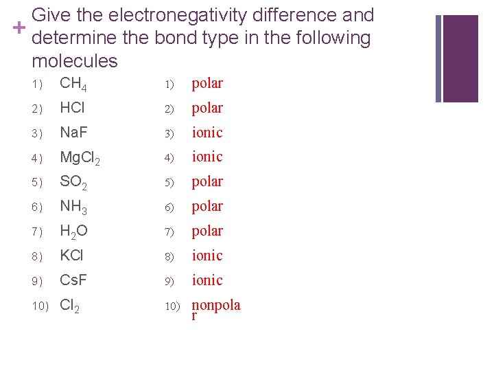 Give the electronegativity difference and + determine the bond type in the following molecules