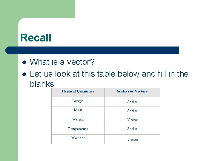 Recall l l What is a vector? Let us look at this table below