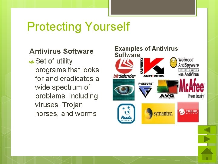 Protecting Yourself Antivirus Software Set of utility programs that looks for and eradicates a