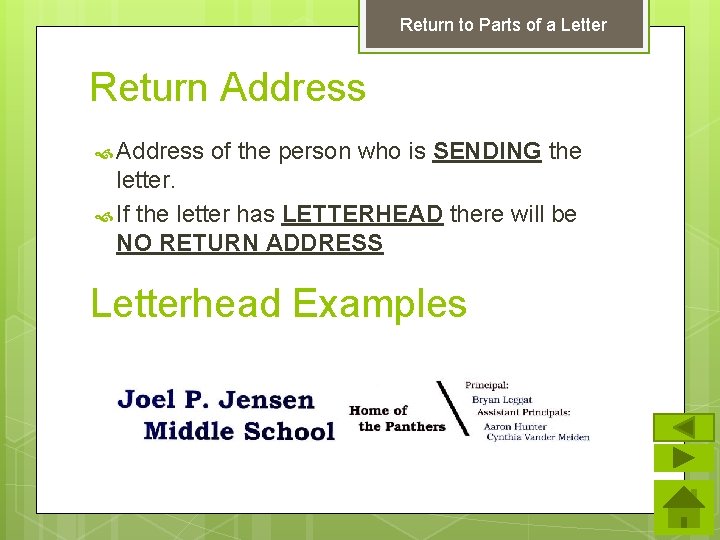 Return to Parts of a Letter Return Address of the person who is SENDING