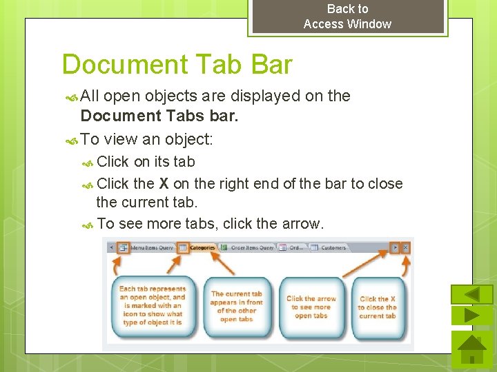 Back to Access Window Document Tab Bar All open objects are displayed on the