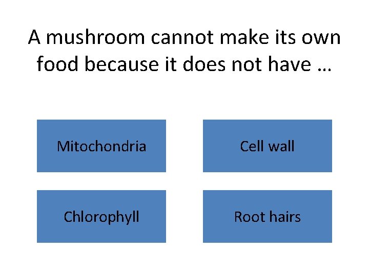 A mushroom cannot make its own food because it does not have … Mitochondria