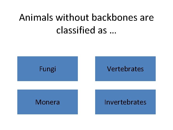 Animals without backbones are classified as … Fungi Vertebrates Monera Invertebrates 