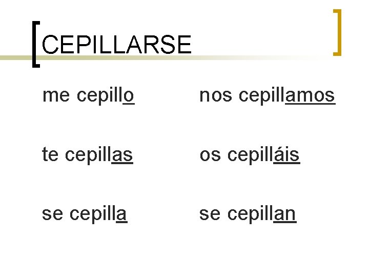 CEPILLARSE me cepillo nos cepillamos te cepillas os cepilláis se cepillan 