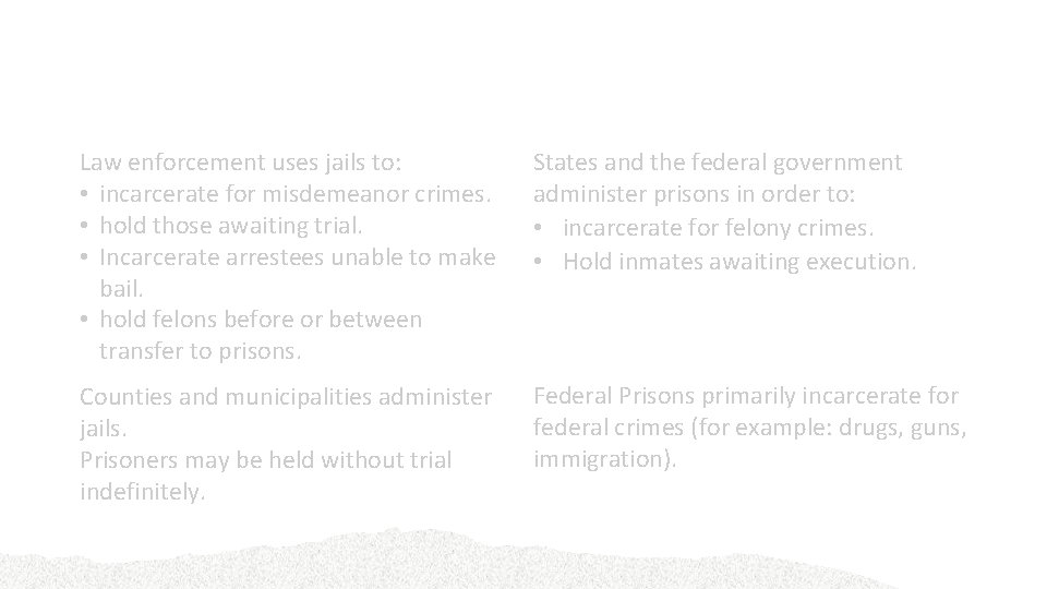 Mass Incarceration Law enforcement uses jails to: • incarcerate for misdemeanor crimes. • hold