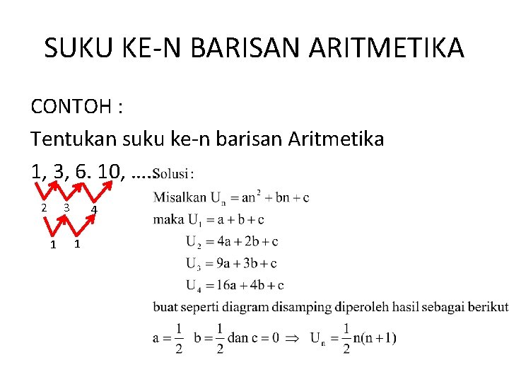 SUKU KE-N BARISAN ARITMETIKA CONTOH : Tentukan suku ke-n barisan Aritmetika 1, 3, 6.