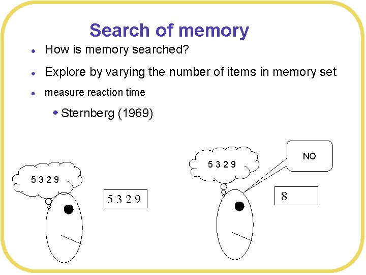 Search of memory l How is memory searched? l Explore by varying the number