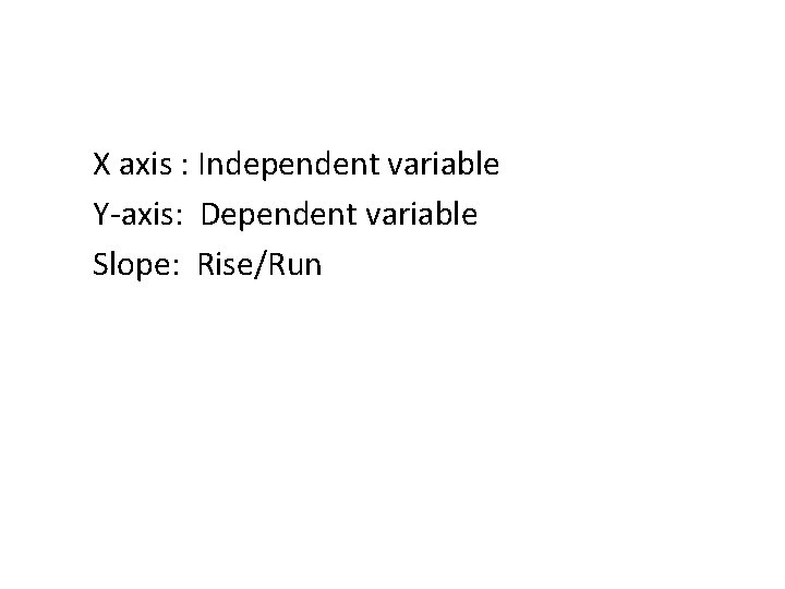 X axis : Independent variable Y-axis: Dependent variable Slope: Rise/Run 