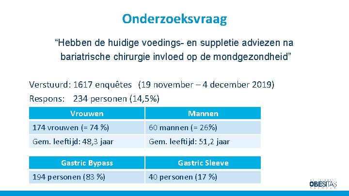 Onderzoeksvraag “Hebben de huidige voedings- en suppletie adviezen na bariatrische chirurgie invloed op de