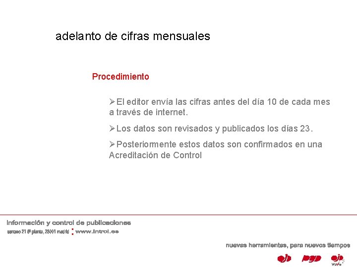 adelanto de cifras mensuales Procedimiento ØEl editor envía las cifras antes del día 10