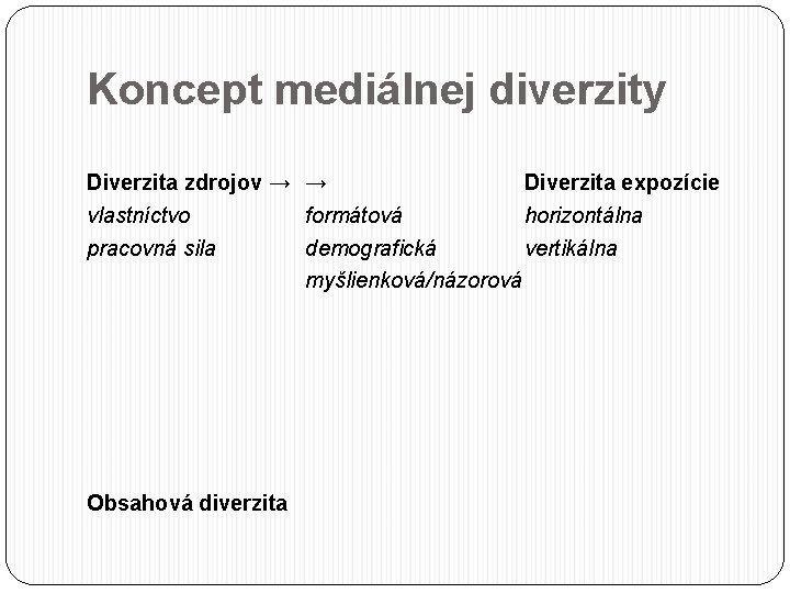 Koncept mediálnej diverzity Diverzita zdrojov → → Diverzita expozície formátová vlastníctvo horizontálna demografická vertikálna
