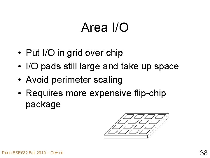 Area I/O • • Put I/O in grid over chip I/O pads still large