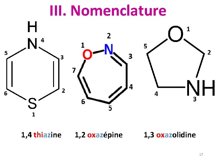 III. Nomenclature 1, 4 thiazine 1, 2 oxazépine 1, 3 oxazolidine 17 