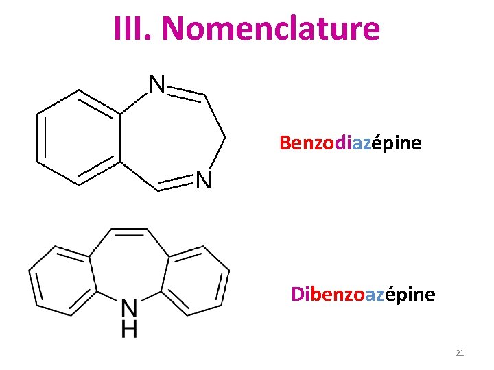 III. Nomenclature Benzodiazépine Dibenzoazépine 21 