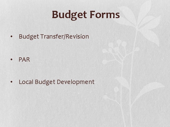 Budget Forms • Budget Transfer/Revision • PAR • Local Budget Development 