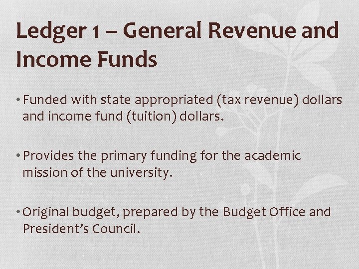 Ledger 1 – General Revenue and Income Funds • Funded with state appropriated (tax