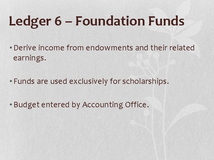 Ledger 6 – Foundation Funds • Derive income from endowments and their related earnings.
