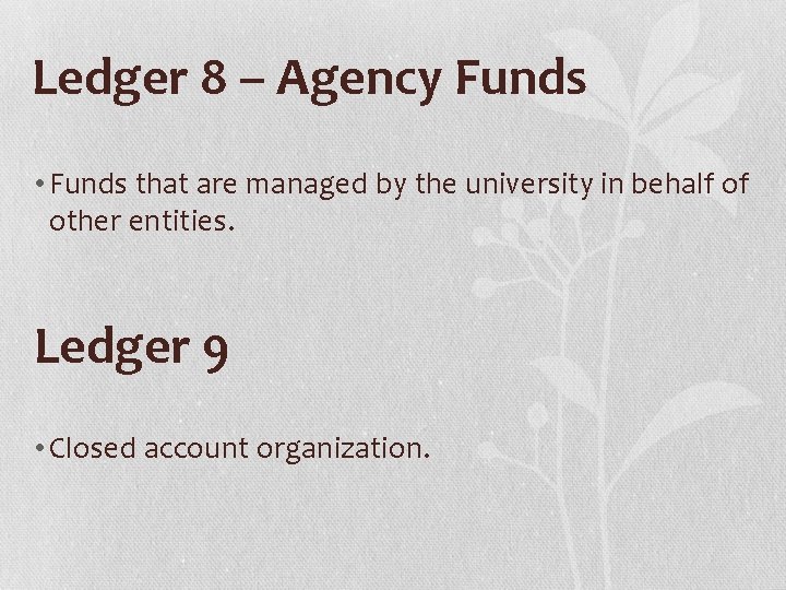 Ledger 8 – Agency Funds • Funds that are managed by the university in