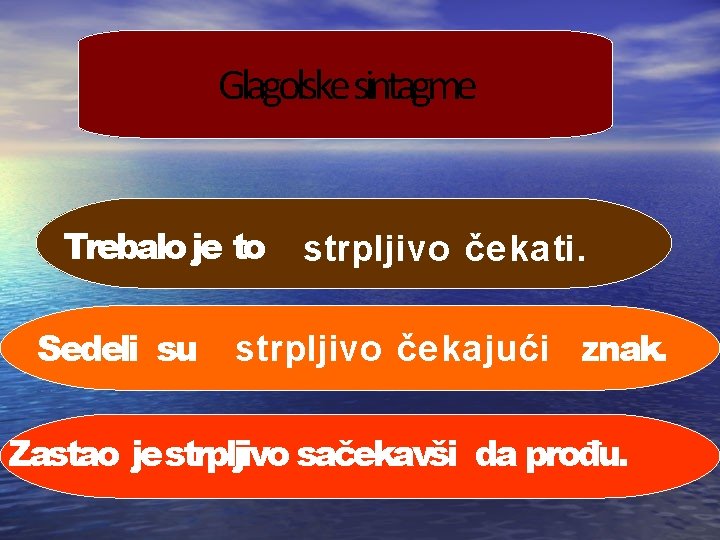 Glagolske sintagme Trebalo je to strpljivo čekati. Sedeli su strpljivo čekajući znak. Zastao jestrpljivo