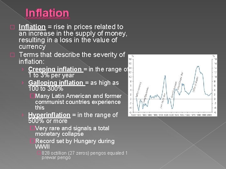 Inflation = rise in prices related to an increase in the supply of money,