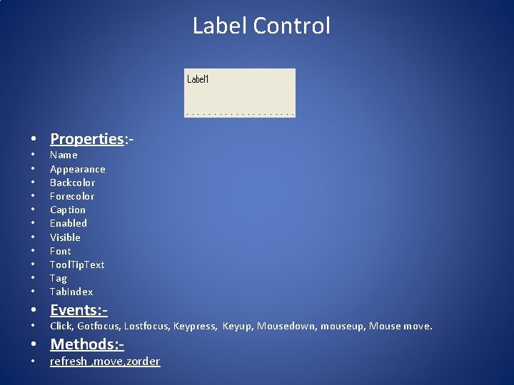Label Control • Properties: • • • Name Appearance Backcolor Forecolor Caption Enabled Visible Label Control • Properties: • • • Name Appearance Backcolor Forecolor Caption Enabled Visible