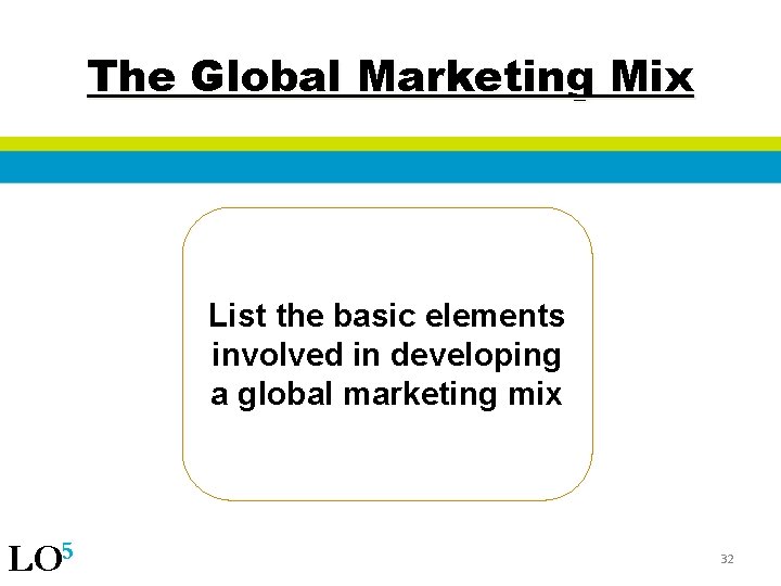 The Global Marketing Mix List the basic elements involved in developing a global marketing