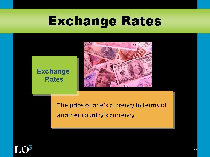 Exchange Rates The price of one’s currency in terms of another country’s currency. LO