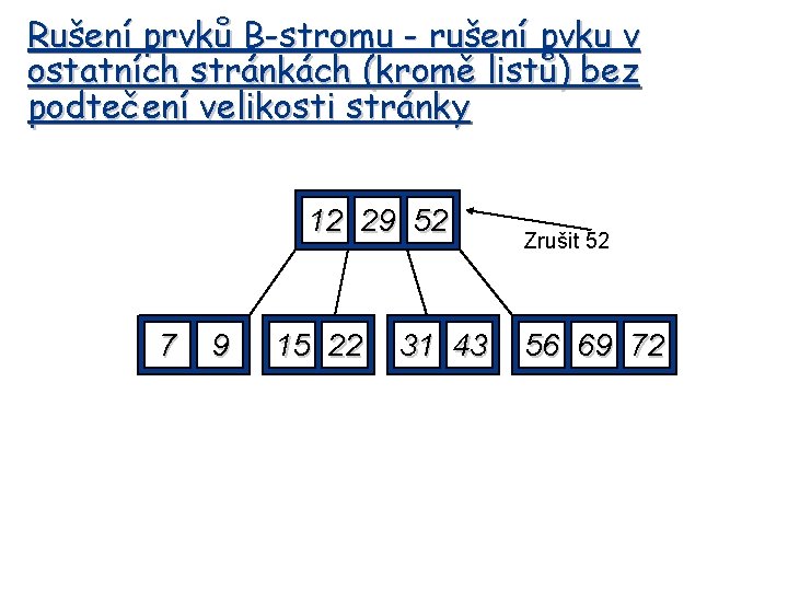 Rušení prvků B-stromu - rušení pvku v ostatních stránkách (kromě listů) bez podtečení velikosti