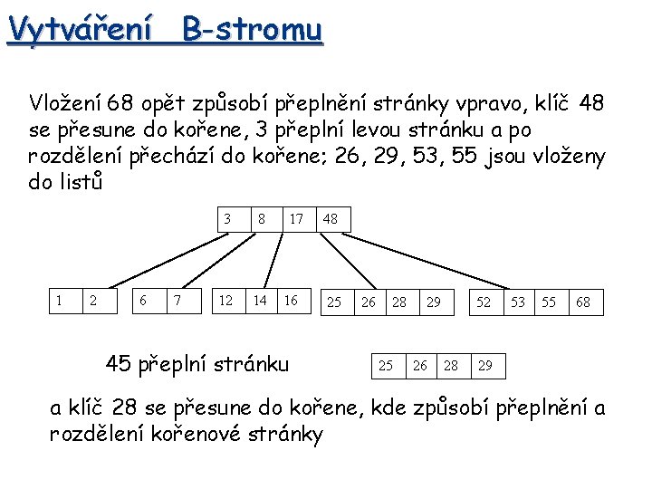 Vytváření B-stromu Vložení 68 opět způsobí přeplnění stránky vpravo, klíč 48 se přesune do