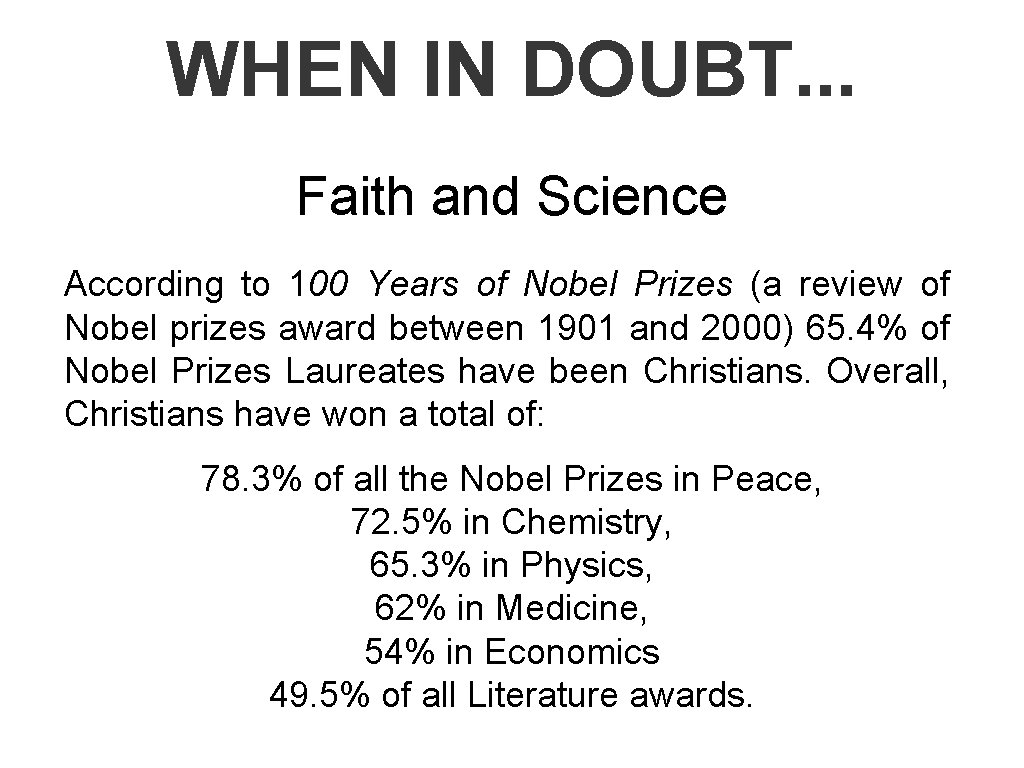 WHEN IN DOUBT. . . Faith and Science According to 100 Years of Nobel