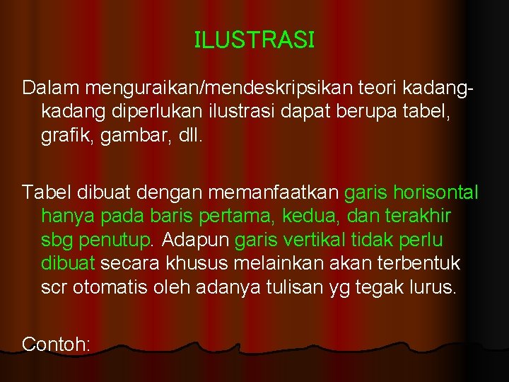 ILUSTRASI Dalam menguraikan/mendeskripsikan teori kadang diperlukan ilustrasi dapat berupa tabel, grafik, gambar, dll. Tabel