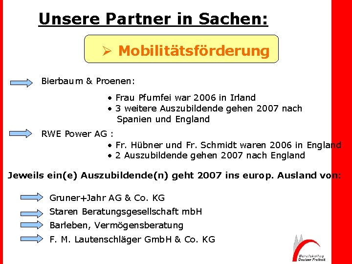 Unsere Partner in Sachen: Ø Mobilitätsförderung Bierbaum & Proenen: • Frau Pfumfei war 2006