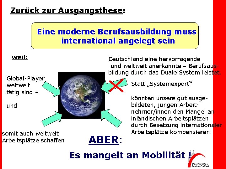 Zurück zur Ausgangsthese: Eine moderne Berufsausbildung muss international angelegt sein weil: Global-Player weltweit tätig