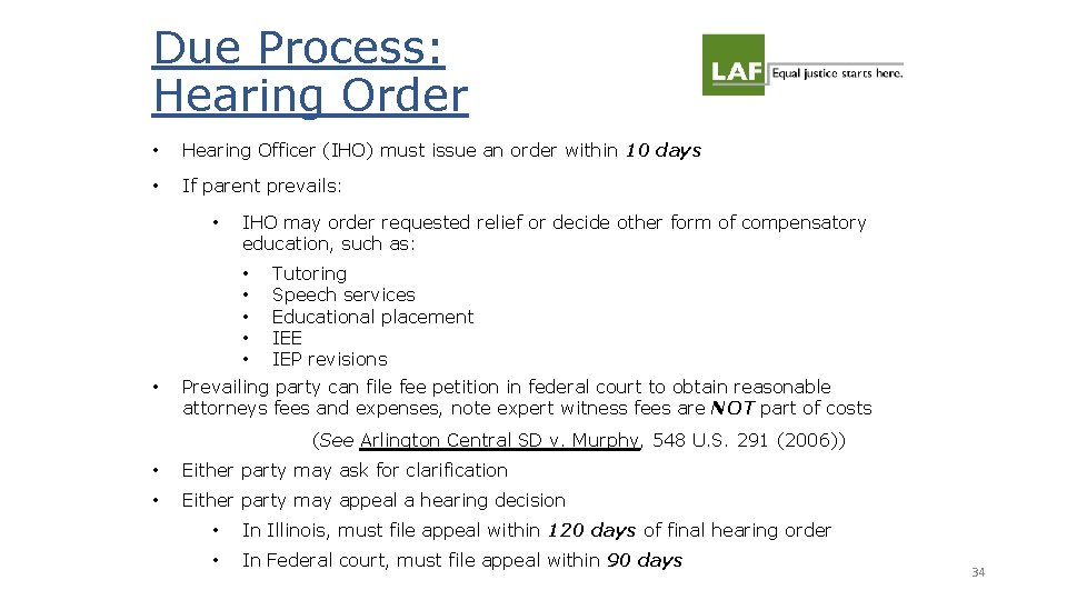 Due Process: Hearing Order • Hearing Officer (IHO) must issue an order within 10