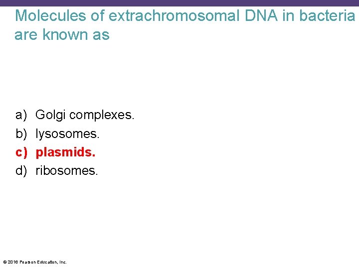 Molecules of extrachromosomal DNA in bacteria are known as a) b) c) d) Golgi