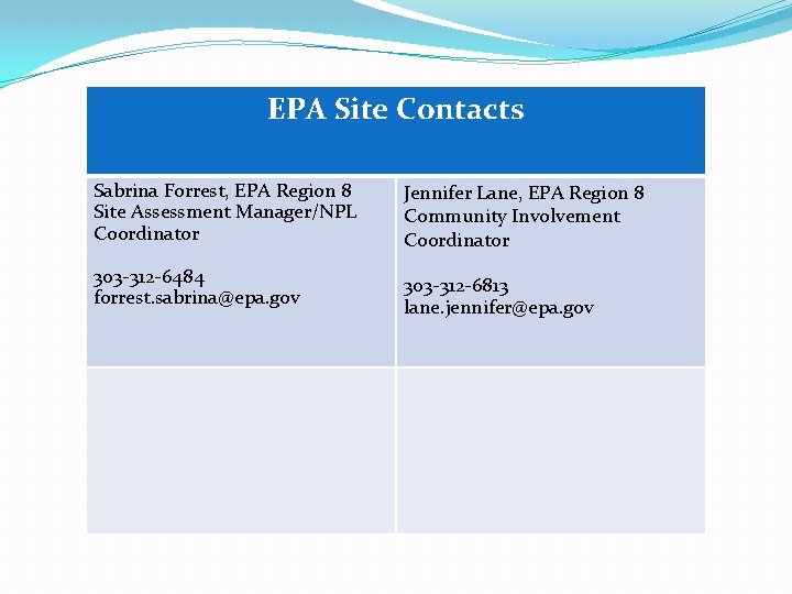 EPA Site Contacts Sabrina Forrest, EPA Region 8 Site Assessment Manager/NPL Coordinator Jennifer Lane,