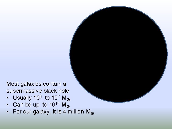 Most galaxies contain a supermassive black hole • Usually 106 to 107 M •
