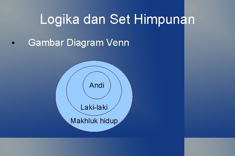 Logika dan Set Himpunan • Gambar Diagram Venn Andi Laki-laki Makhluk hidup 