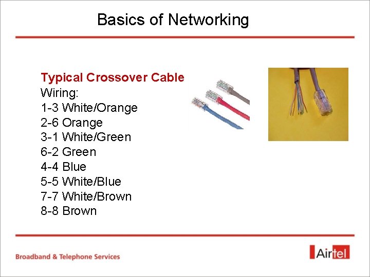 Basics of Networking Typical Crossover Cable Wiring: 1 -3 White/Orange 2 -6 Orange 3 Basics of Networking Typical Crossover Cable Wiring: 1 -3 White/Orange 2 -6 Orange 3