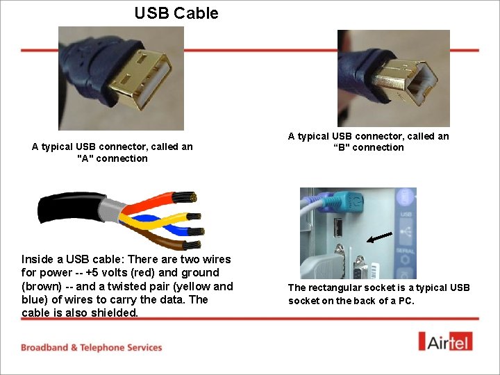 USB Cable A typical USB connector, called an "A" connection Inside a USB cable: USB Cable A typical USB connector, called an "A" connection Inside a USB cable: