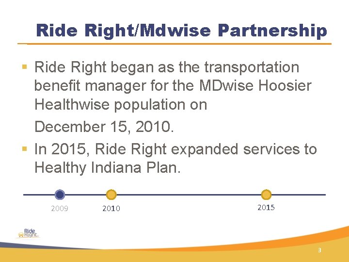 Ride Right/Mdwise Partnership § Ride Right began as the transportation benefit manager for the