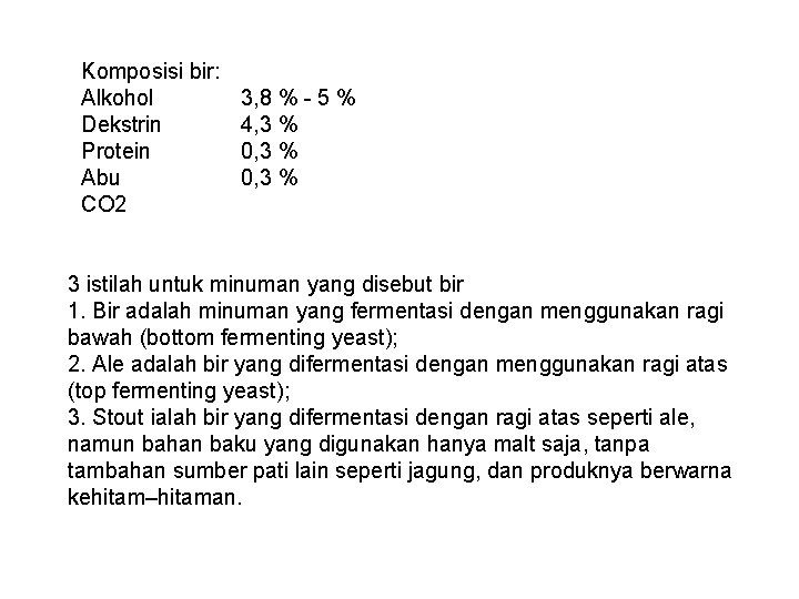 Komposisi bir: Alkohol Dekstrin Protein Abu CO 2 3, 8 % - 5 %