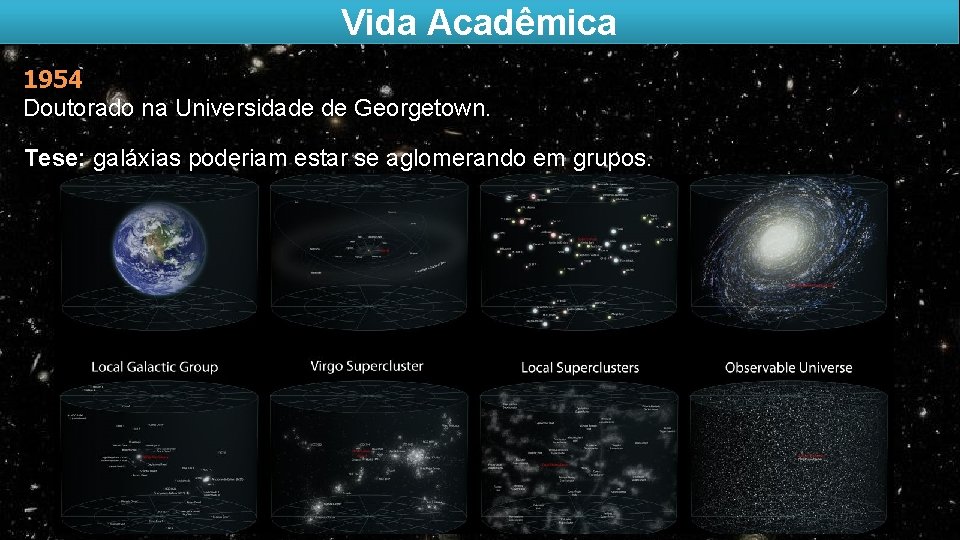 Vida Acadêmica 1954 Doutorado na Universidade de Georgetown. Tese: galáxias poderiam estar se aglomerando