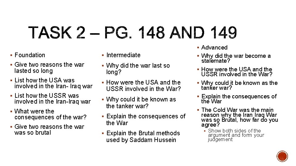 § Advanced § Foundation § Intermediate § Give two reasons the war § Why