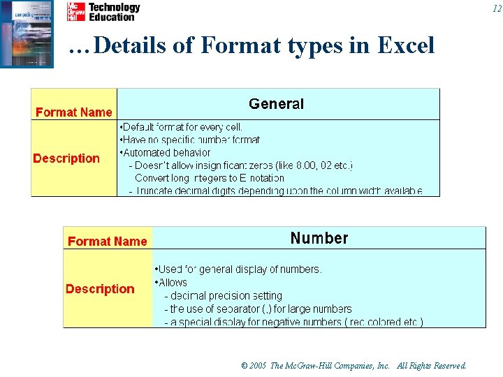 12 …Details of Format types in Excel © 2005 The Mc. Graw-Hill Companies, Inc.