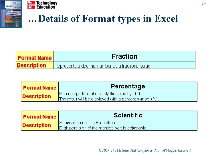 16 …Details of Format types in Excel © 2005 The Mc. Graw-Hill Companies, Inc.