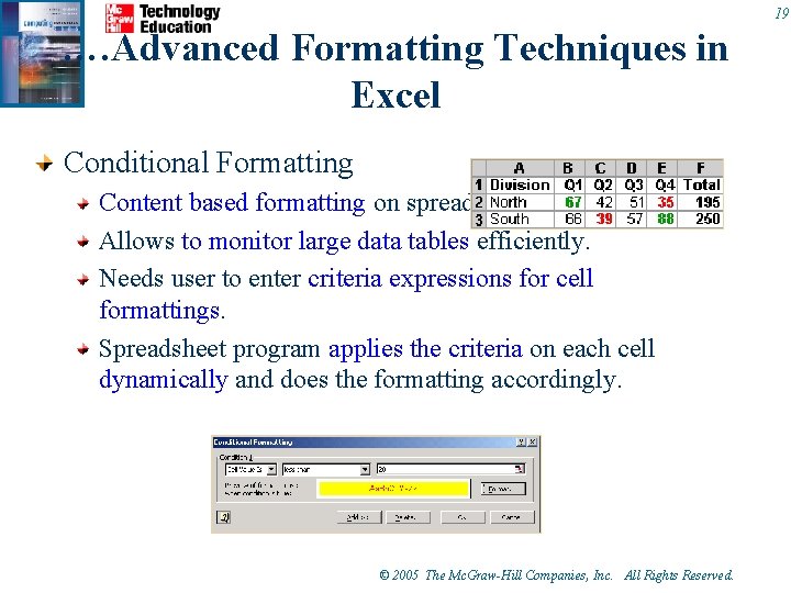 19 …. Advanced Formatting Techniques in Excel Conditional Formatting Content based formatting on spreadsheet