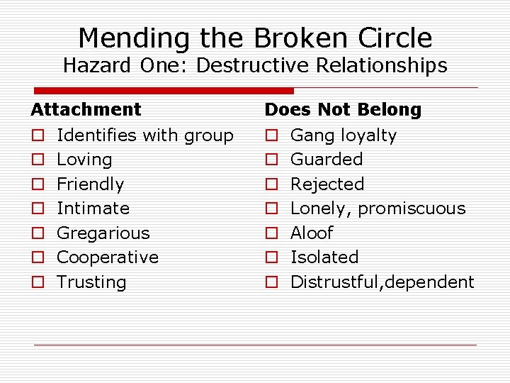 Mending the Broken Circle Hazard One: Destructive Relationships Attachment o o o o Identifies