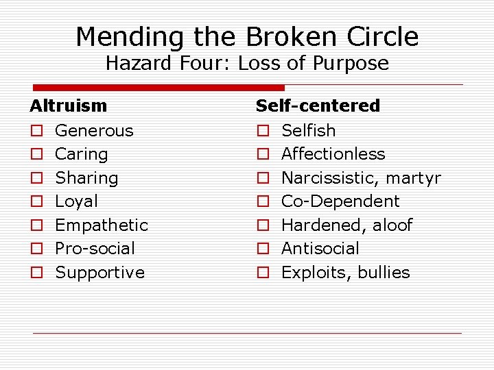 Mending the Broken Circle Hazard Four: Loss of Purpose Altruism o o o o