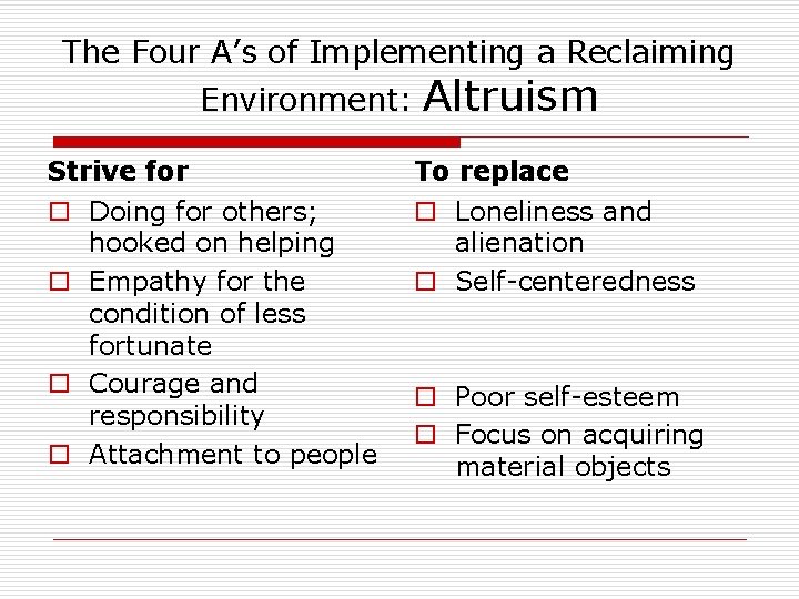 The Four A’s of Implementing a Reclaiming Environment: Altruism Strive for To replace o